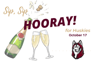 a graphic on a white background with illustrations of a cork popping off a champagne bottle and a husky head in the lower right corner.