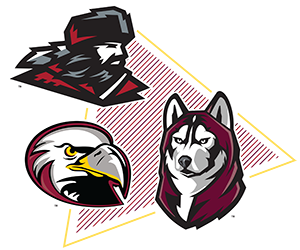 Commonwealth University logos of mascots above a triangle design