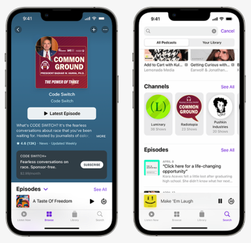 Two phone side-by-side displaying Common Ground podcast on screen