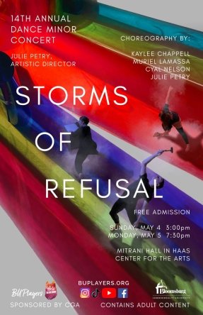 14th Annual Dance Minor Concert Poster with 3 dancers and concert title "Storms of Refusal"
