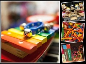 College featuring a xylophone and hand bells, puppets, building toys, balls and books.