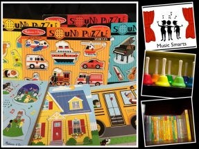Collage of toys for children based on music