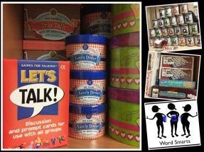 Collage of toys for children based on talking and spelling