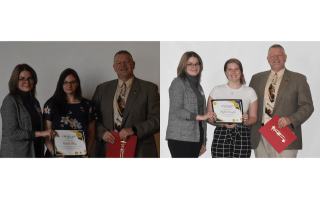 Side by side pictures of three people with an award.