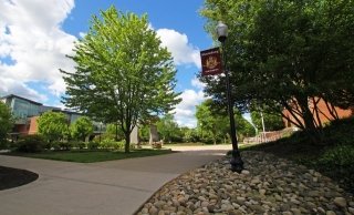 A sidewalk view of campus.