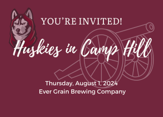 Maroon postcard with white lettering: you're invited To Huskies in Camp Hill