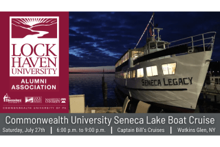 Lock Haven Alumni Association logo set next to a photo of a yacht