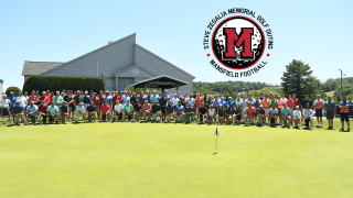 Golfers on the course with text that reads, "Steve Zegalia Memorial Golf Outing - Mansfield football"