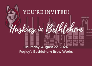 Maroon postcard with white lettering: you're invited To Huskies in Bethlehem