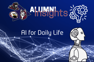 A deep blue background with white fiber optics or neurons along the bottom of the image. White outline of a side profile of a robot in the lower left corner. The tri mascot logo in the upper right corner and next to it the word alumni in capital letters and white lettering and the word Insights underneath it.