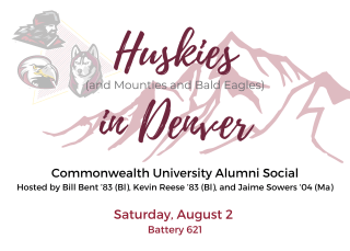 red lettering on white background "Huskies (and Mounties and Bald Eagles) in Denver" in script with watermark of the Rocky Mountains.