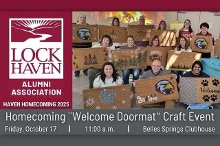 Lock Haven Alumni holding doormats from crafting event.