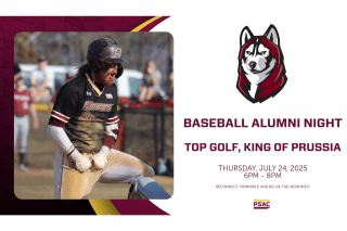 photo of Bloomsburg Baseball player with Baseball Alumni Night info to the right.