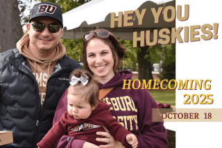 An alumni couple holding a baby with "Homecoming 2025" in text overlay