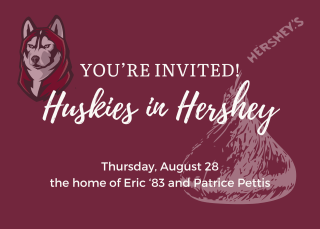 Maroon background with white lettering that says "YOU'RE INVITED Huskies in Hershey