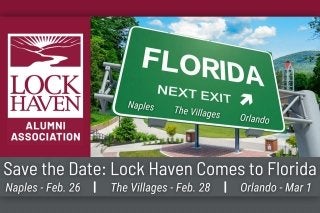 Promo for Lock Haven Alumni in Florida showing a highway sign saying "Next Exit, Florida"