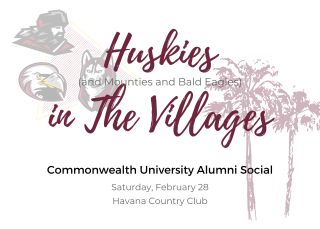 maroon lettering on white background "Huskies in the Villages" in script with watermarks of the triad logo and palm trees