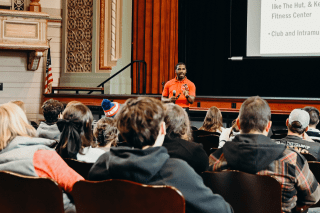 Admissions director speaks to high school students at a Mansfield Admissions Open House
