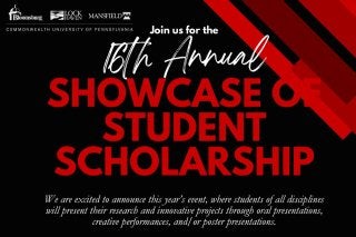 red and black graphic that reads 16th annual Showcase of STudent Scholarship