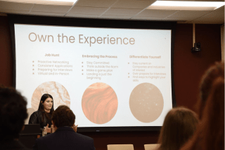Natalie Pacifico '04 speaks with students at the Spring 2026 Career Intensive Boot Camp