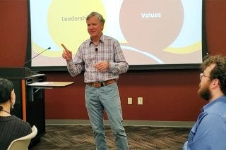 Bill Bent presenting at Sophomore Leadership Experience.
