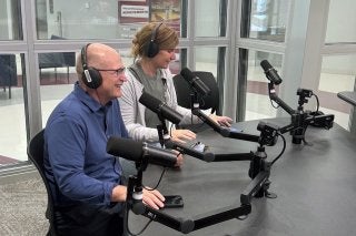 Instructional Design faculty Karl Kapp and Jessica Briskin recording in CU's studio.