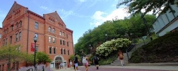 North Hall overlooks students on their way to class at Mansfield