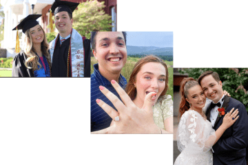 A three photo collage of Adam and Olivia Karaboudak as graduates, engaged and then married