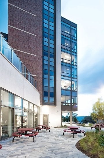Exterior photo of David Soltz Hall during dusk hours.