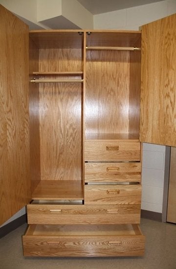 Open closet in a residence hall room of Elwell Hall