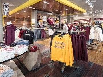 T-shirts and sweatshirts in Bloomsburg's University Store in David Soltz Hall