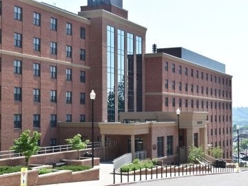 Exterior view showing side entrance of Elwell Residence Hall at Commonwealth University - Bloomsburg