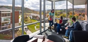 Commonwealth University-Mansfield, formerly Mansfield University, students living residence hall overlooking Northern Pennsylvania mountains and CU-Mansfield campus
