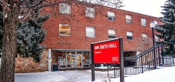 Exterior of Smith Residence Hall at CU-Lock Haven with snow on the ground