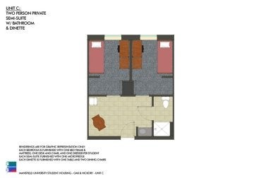 C Unit suite layout in Oak and Hickory Hall at Commonwealth University - Mansfield