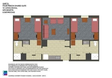 D Unit suite layout in Oak and Hickory Hall at Commonwealth University - Mansfield