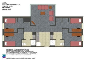 E Unit suite layout in Oak and Hickory Hall at Commonwealth University - Mansfield