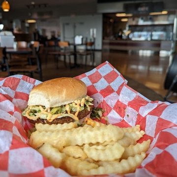 A burger with fries at Commonwealth University - Mansfield
