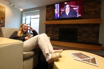 The Fireside Lounge is a spacious, open study, and social area with various types of seating to allow for individual project work, small group meetings, and casual relaxation.