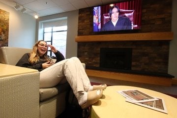 The Fireside Lounge is a spacious, open study, and social area with various types of seating to allow for individual project work, small group meetings, and casual relaxation.