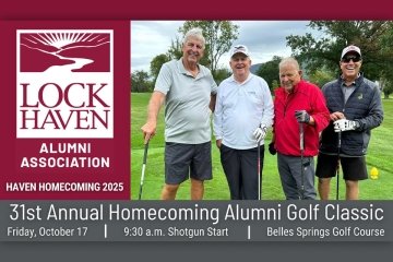 Group of golfers posing for photo and Lock Haven Golf Classic.