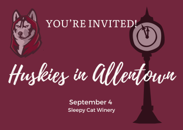 Maroon background with white lettering that says "YOU'RE INVITED Huskies in Allentown