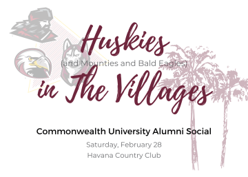 maroon lettering on white background "Huskies in the Villages" in script with watermarks of the triad logo and palm trees