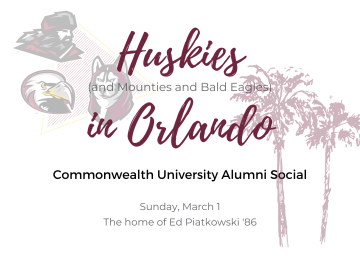 maroon lettering on white background "Huskies in Orlando" in script with watermarks of the triad logo and palm trees