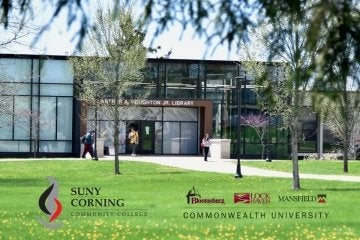 campus image of Corning Community College with CCC and Commonwealth University logos