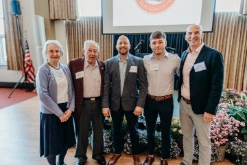 From left, are Jo Ann Bowes, Ron Bowes '66, Scott Moore, Lucas Kapusta (student/men-s wrestler) and Ed Shifflett '96.