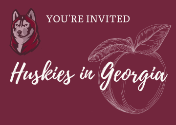 white lettering on maroon background "Huskies in Georgia" in script with watermarks of the Husky logo and a peach