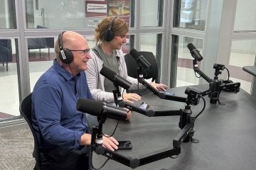 Instructional Design faculty Karl Kapp and Jessica Briskin recording in CU's studio.