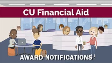 Cartoon image showing people in an imaginary Financial Aid Office with a title of Award Notifications overlayed
