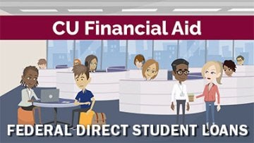 Cartoon image showing people in an imaginary Financial Aid Office with a title of Federal Direct Student Loans overlayed